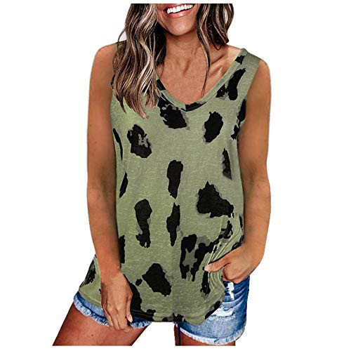 Franterd Leopard Tank Tops for Women Plus Size Casual Sleeveless V Neck Loose Fit Blouse Summer Comfy Graphic Tee Shirt Green