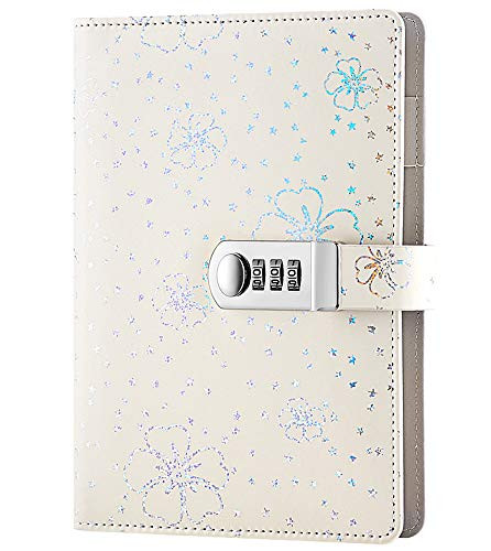 ARRLSDB PU Leather Journal with Lock- A5 Size Diary with Combination Lock -Journal with Combination Lock- Password Notebook Locking Student Diary Notepad -White-