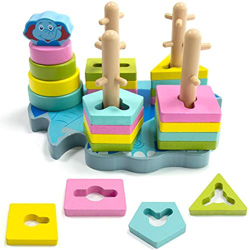 GRTLPOK Montessori Toys for Toddlers- Wooden Educational Toy Shape Color Recognition Geometric Board Blocks- Wooden Toys for Toddlers - Sensory Toys for Toddlers  Wooden Puzzles Stacking Toy.