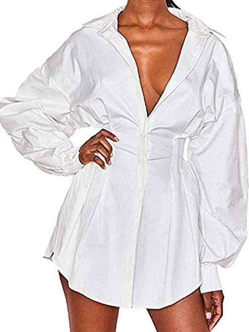 Sexy Mini Shirt Dress for Women - Casual Button Down Blouse Long Sleeve V Neck Belted Shirts Blouse Top Short Dress -White- M-