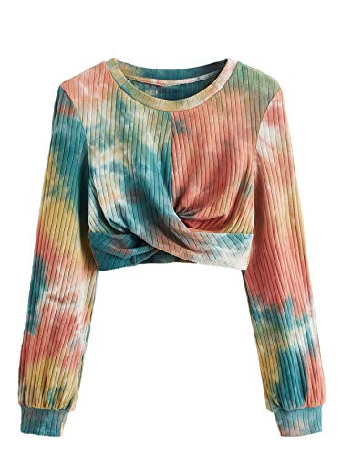 Floerns Women's Casual Tie Dye Twist Knot Front Rib Knit Long Sleeve Crop Top Tee Multicoloured XL