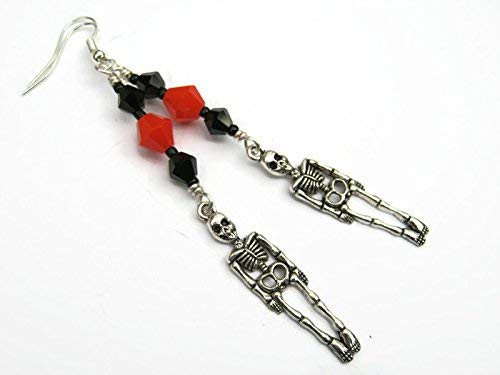 Halloween Skeleton Earrings- Spooky Charm Earrings- Antiqued Silver Earrings- Orange Black Skull Charm Jewelry