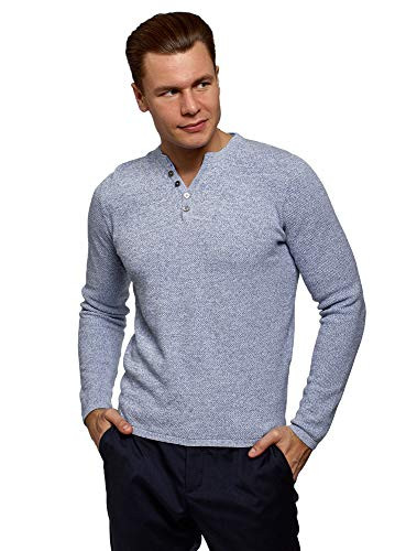 oodji Ultra Men's Button Neck Knit Pullover- Blue- US 42-44 / EU 52-54 / L