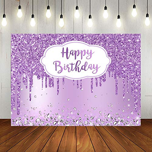 Lofaris Purple Diamonds Happy Birthday Party Backdrop for Photography Glitter Sliver Diamonds Birthday Background Girls Sweet 16 18th 21th Birthday Party Decorations Photo Booth Props 7x5ft