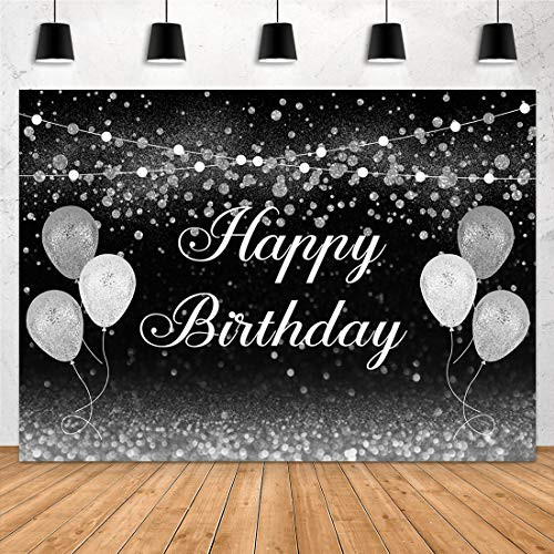 Aperturee 7x5ft Silver and Black Happy Birthday Backdrop Bokeh Balloon Lights Glitter Sequins Dots Sweet 16 Photography Background Girls Women Banner Party Decoration Cake Table Photo Booth Studio Aperturee 7x5ft Silver and Black Happy Birthday Backdrop Bokeh Balloon Lights Glitter Sequins Dots Sweet 16 Photography Background Girls Women Banner Party Decoration Cake Table Photo Booth Studio