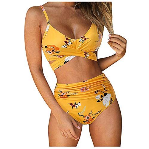 Chanyuhui Swimsuits for Women High Waisted Bikini Sets Two Piece Tummy Control Bathing Suits Tie Dye Bandage Swimwear Yellow
