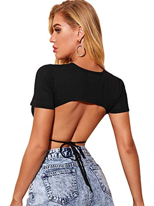 MakeMeChic Women's Backless Tie Back Short Sleeve Crop Top Tee T-Shirt Black L MakeMeChic Women's Backless Tie Back Short Sleeve Crop Top Tee T-Shirt Black L