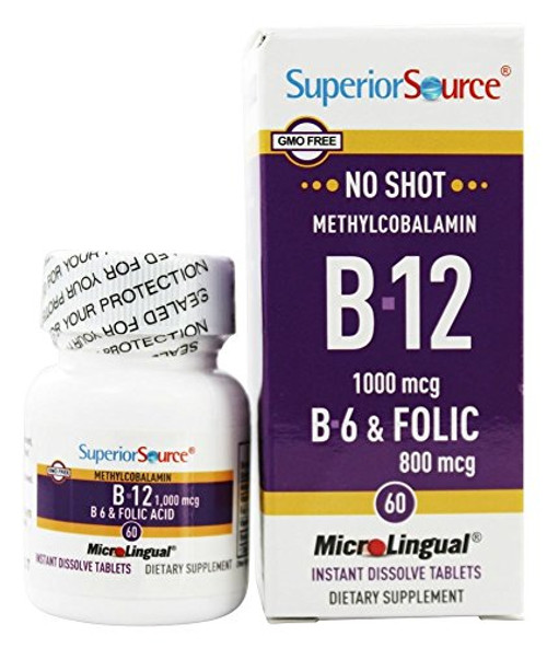 Superior Source - No Shot B12 Methylcobalamin 1000 mcg with B6  and  Folic Acid 800 mcg. - 60 Quick Dissolve Tablets