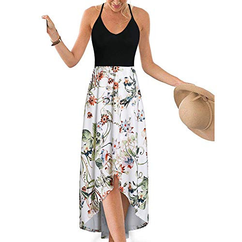 White Sundresses for Women?Maxi Dresses for Women-Casual Dress with Pockets-Tie Dye Solid Color V Neck Sleeveless Summer Holiday Plus Size Dress