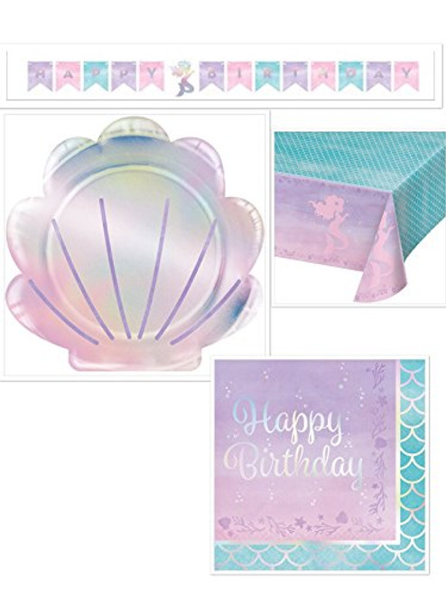 Mermaid Happy Birthday Party Supplies Serves 16: Mermaid-Shaped Plates + Napkins + Table Cover + Banner Mermaid Happy Birthday Party Supplies Serves 16: Mermaid-Shaped Plates + Napkins + Table Cover + Banner