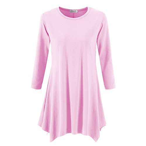 Topdress Women's Swing Tunic Tops 3/4 Sleeve Loose T-Shirt Dress Pink M