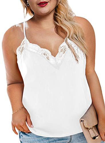 Eytino Women Plus Size Cami Shirt Lace Crochet V Neck Sleeveless Casual Loose Tank Tops-4X White