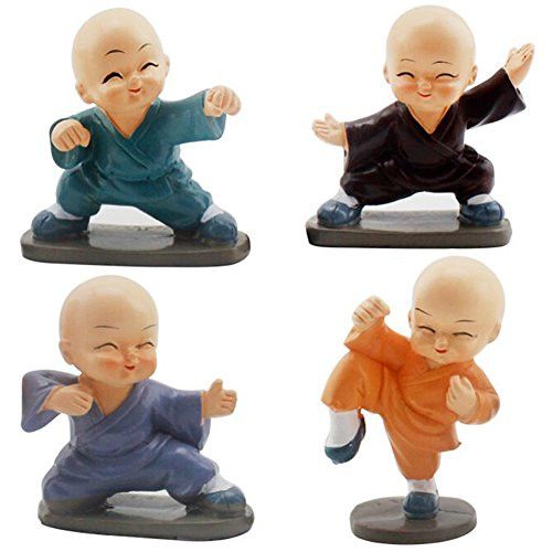 Delaman Monk Figurine 4 Pcs Lovely Resin Creative Monk Crafts, Kung Fu Buddha Dolls, Home, Car Interior Display Decoration