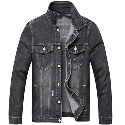 LZLER Jean Jacket for Men- Classic Ripped Slim Denim Jacket with Holes -Black030- Medium-