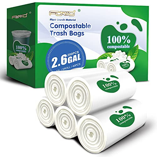 FORID Small Compostable Trash Bags - 2.6 Gallon Mini Garbage Bags 200 Count Strong Trash Can Liners 10 Liter Unscented Wastebasket Bags for Kitchen Bathroom Home Office -5Rolls/White-