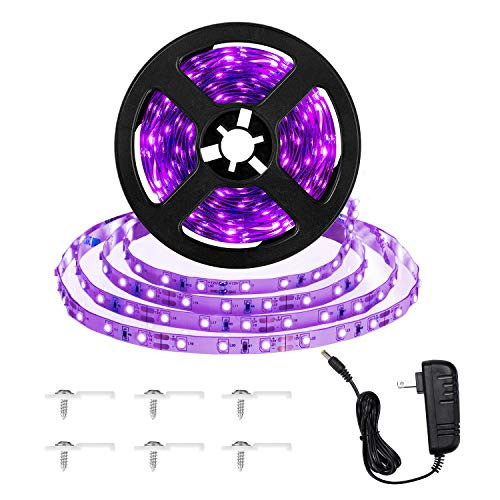 16.4ft LED UV Black Light Strip Kit, 12V Flexible Black Light Fixtures with 300 Units UV Lamp Beads, Non-Waterproof for Indoor Fluorescent Dance Party, Stage Lighting, Body Paint, UV Lighting