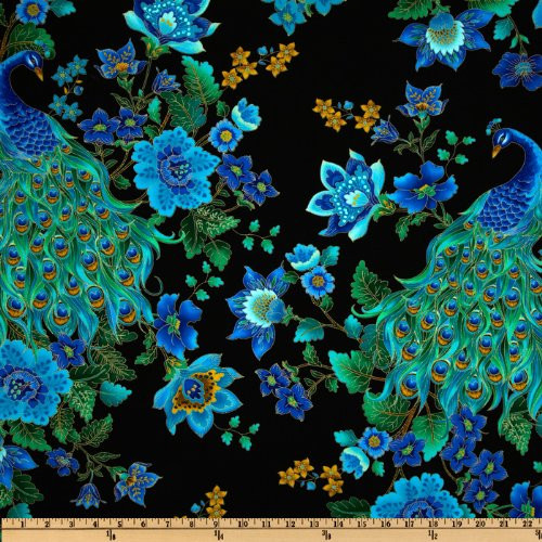 Timeless Treasures Plume Peacocks Multi/Black Metallic Fabric by The Yard