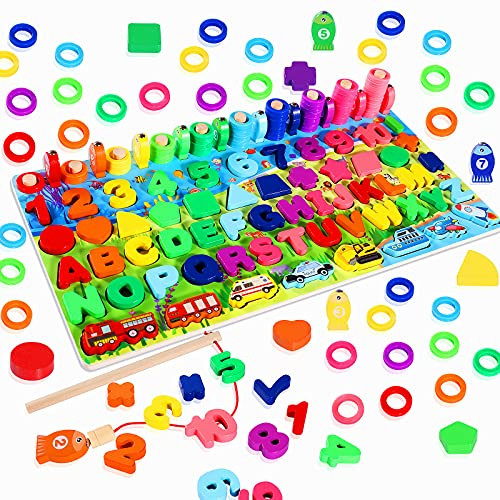 Max Fun Wooden Number Puzzles Sorting Montessori Toys for Kids Shape Sorter Counting Game Wood Counting Blocks Sorter Stacking Toy Games for Age 3 4 5 Preschool Learning Education Toys 