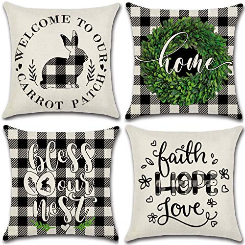 Set of 4 Easter Throw Pillow Covers 18x18 Inch Farmhouse Buffalo Plaid Bunny Carrot Decorative Cushion Case for Sofa Couch Easter Decor Set of 4 Easter Throw Pillow Covers 18x18 Inch Farmhouse Buffalo Plaid Bunny Carrot Decorative Cushion Case for Sofa Couch Easter Decor