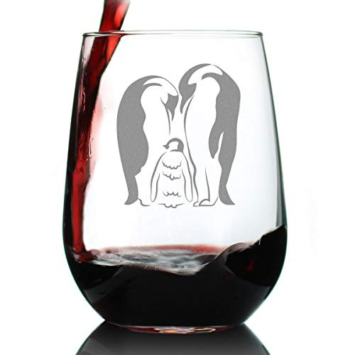 Penguin Family - Stemless Wine Glass - Mom- Dad- Baby Penguin Themed Gifts and Decor - Large 17 oz