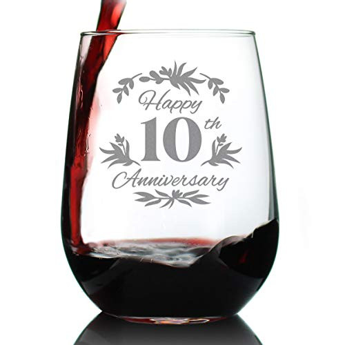 Happy 10th Anniversary - Stemless Wine Glass Gifts for Women  and  Men - 10 Year Anniversary Party Decor - Large Glasses