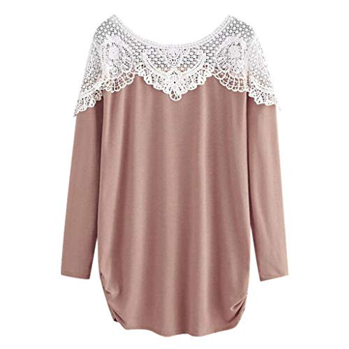 aihihe Plus Size Long Sleeve Tops for Women Lace Patchwork Blouse Tops Crew Neck Casual Loose Tunic Pullover T Shirts Pink
