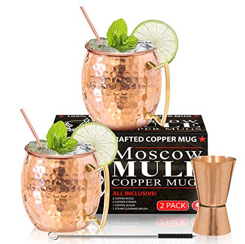 Moscow Mule Copper Mugs - Set of 2 - 100 percent HANDCRAFTED - Food Safe Pure Solid Copper Mugs - 16 oz Gift Set with BONUS - Highest Quality Cocktail Copper Straws- Straw Cleaning Brush and Jigger