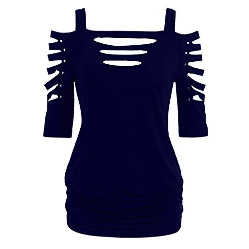 POTTOA Off The Shoulder Tops for Women- Summer Hollow T Shirts Short Sleeve Tunic Cold Shoulder Tops Blouse -Blue- XXL- POTTOA Off The Shoulder Tops for Women- Summer Hollow T Shirts Short Sleeve Tunic Cold Shoulder Tops Blouse -Blue- XXL-