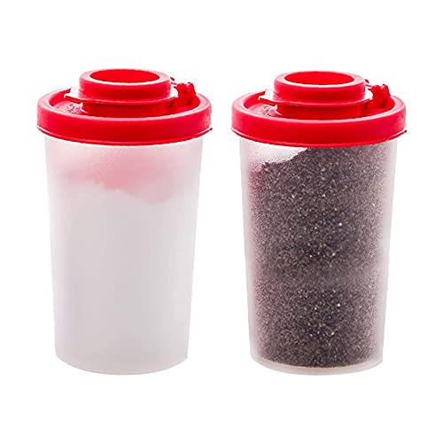 plastic Salt and Pepper Shakers Moisture Proof Set of 2 Large Salt Shaker to go Camping Picnic Outdoors Kitchen Lunch Boxes Travel Spice Set Clear with Red Covers Lids Airtight Spice Jar Dispenser