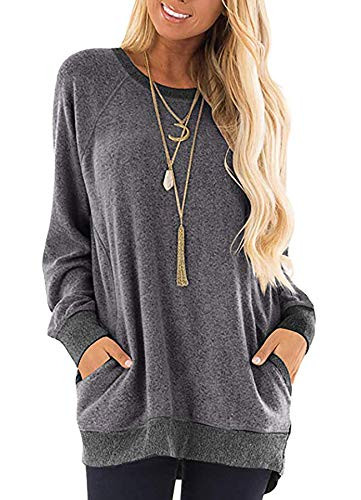 YIQIAN Women's Long Sleeve Round Neck Casual Pocket T-Shirt Blouse Sweatshirt Long Sleeve Top -gray-XL-