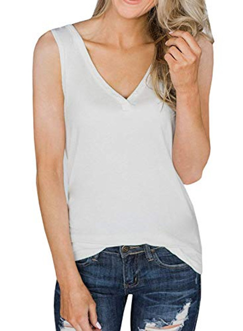 Chuanqi Womens Tank Tops V Neck Loose Fit Sleeveless Casual Summer Long Tunic Shirts White