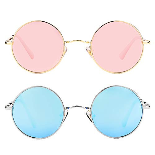 Two-pack Polarized John Lennon Style Round Sunglasses for Men Women Circle Hippie Glasses -Gold/Pink MirrorPlusSilver/Blue Mirror- Two-pack Polarized John Lennon Style Round Sunglasses for Men Women Circle Hippie Glasses -Gold/Pink MirrorPlusSilver/Blue Mirror-