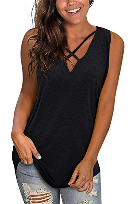 Womens Sexy V Neck Tank Tops Casual Sleeveless T Shirts Tops Summer Criss Cross Cotton Loose Regular T-Shirts Tees Black
