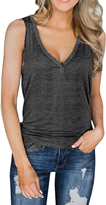 Chuanqi Womens Tank Tops V Neck Loose Fit Sleeveless Casual Summer Long Tunic Shirts -Large- Dark Grey-