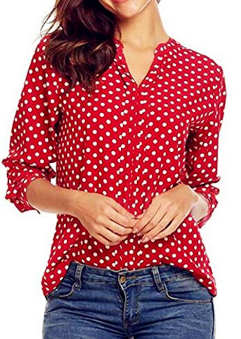 Women's Casual Loose Tops V Neck Long Sleeve Polka Dot Printing Pullover Shirts Red L