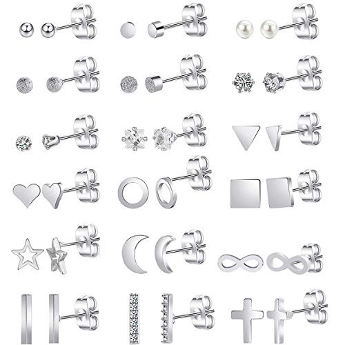 SPINEX 18 Pairs Surgical Steel Stud Earrings for Women Men Tiny Cartilage CZ Stud Earrings Bar Triangle Square Star Moon Heart Disc Ball Cross Infinity Stainless Steel Geometric Earrings Piercing Set -18 pairs-