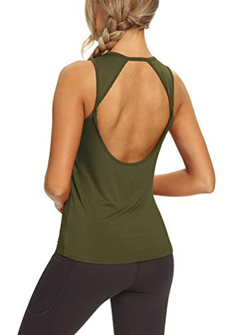 Mippo Workout Tank Tops for Women Open Back Yoga Tops Backless Workout Shirts Muscle Tank Athletic Running Gym Tank Tops Loose Fit Sports Gym Clothes for Women Army Green S