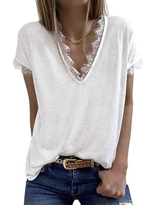 BLENCOT Women's V Neck Lace Trim Tank Tops Casual Loose Short Sleeve Blouse Shirts White Large BLENCOT Women's V Neck Lace Trim Tank Tops Casual Loose Short Sleeve Blouse Shirts White Large