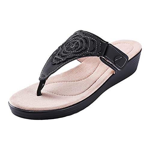 Women's Adjustable Strap Comfortable Orthotic Arch Support Platform Thong Sandals for Women On Indoor Outdoor for Summer Black 37