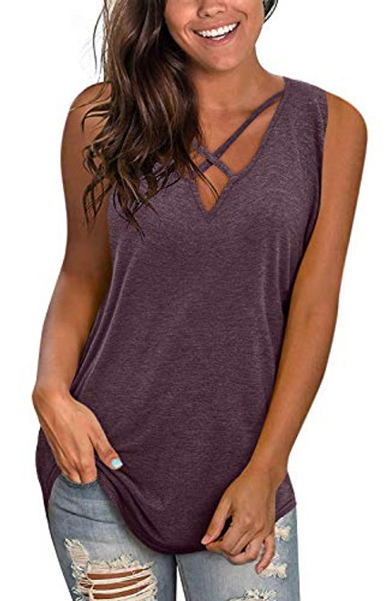 Womens Sexy V Neck Tank Tops Casual Sleeveless T Shirts Tops Summer Criss Cross Cotton Loose Regular T-Shirts Tees Purple Womens Sexy V Neck Tank Tops Casual Sleeveless T Shirts Tops Summer Criss Cross Cotton Loose Regular T-Shirts Tees Purple
