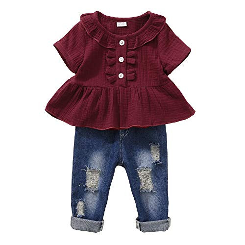 Baby Girl Clothes Infant Little Girl Outfit Red Short Sleeve Ruffle Shirt Ripped Denim Jeans Pants Set Summer Clothes for Girls 6-12 Months