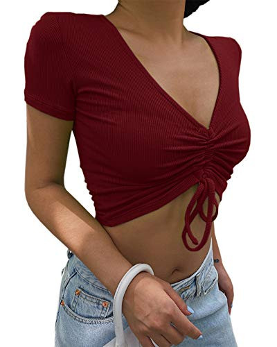 Women's Casual Short Sleeve Sexy V Neck Ruched Drawstring Front Ribbed Knit Crop Top Tee Shirt Cropped Tshirt Summer Red- Small