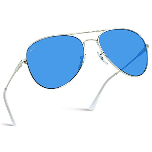 Classic Aviator Style Metal Frame Sunglasses Colored Lens -Silver Frame/Tinted Blue Lens- 59-