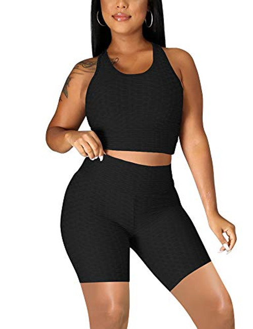 Women's 2 Piece Workout Outfits Tracksuit GYM Sexy Crop Tank Top Biker Shorts Set- X-Large- Black Women's 2 Piece Workout Outfits Tracksuit GYM Sexy Crop Tank Top Biker Shorts Set- X-Large- Black