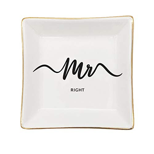 mono living Mr Right Wedding Gifts Trinket Dish Ring Tray Engagement Gift for Him Her Engaged Gifts Ring Dish Holder fiance Bride Ring Holder Father's Day Gold Ceramic Trinket Tray Wedding Accessories
