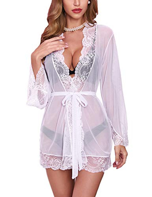Avidlove Women Lace Kimono Robe Babydoll Sexy Lingerie Mesh Chemise Nightgown Cover Up -White- X-Large- Avidlove Women Lace Kimono Robe Babydoll Sexy Lingerie Mesh Chemise Nightgown Cover Up -White- X-Large-