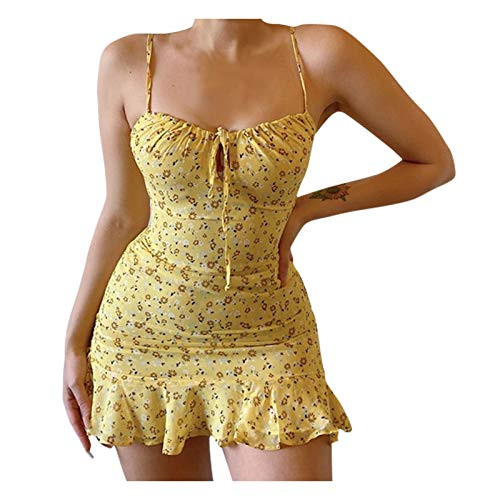 Kaitobe Women's Floral Sexy V Neck Sleeveless Spaghetti Strap Sundresses Casual Summer Dress Ruffle Swing Mini Dress Yellow