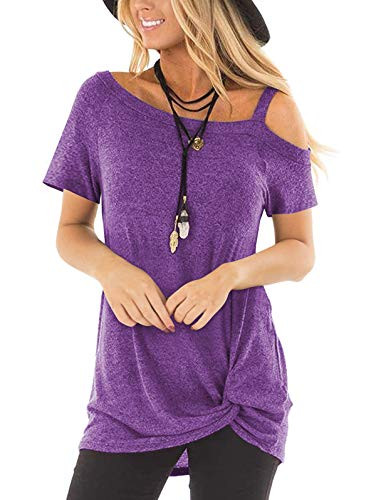 TEMOFON Women's Shirts Cold Shoulder Tops Summer Short Sleeve Casual Twist Knot Blouse T-Shirt Purple M
