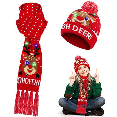 2 Pieces LED Light Up Scarf Lights Hat Beanie Knit Cap Christmas LED Hat Beanie Scarf Set for Christmas Holiday Costumes or Ugly Sweater Party -Deer-