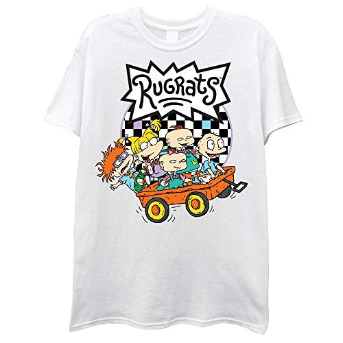 Nickelodeon Mens 90's Classic Shirt - Rugrats- Reptar- Ren  and  Stimpy- and Hey Arnold Vintage T-Shirt -White- X-Large-